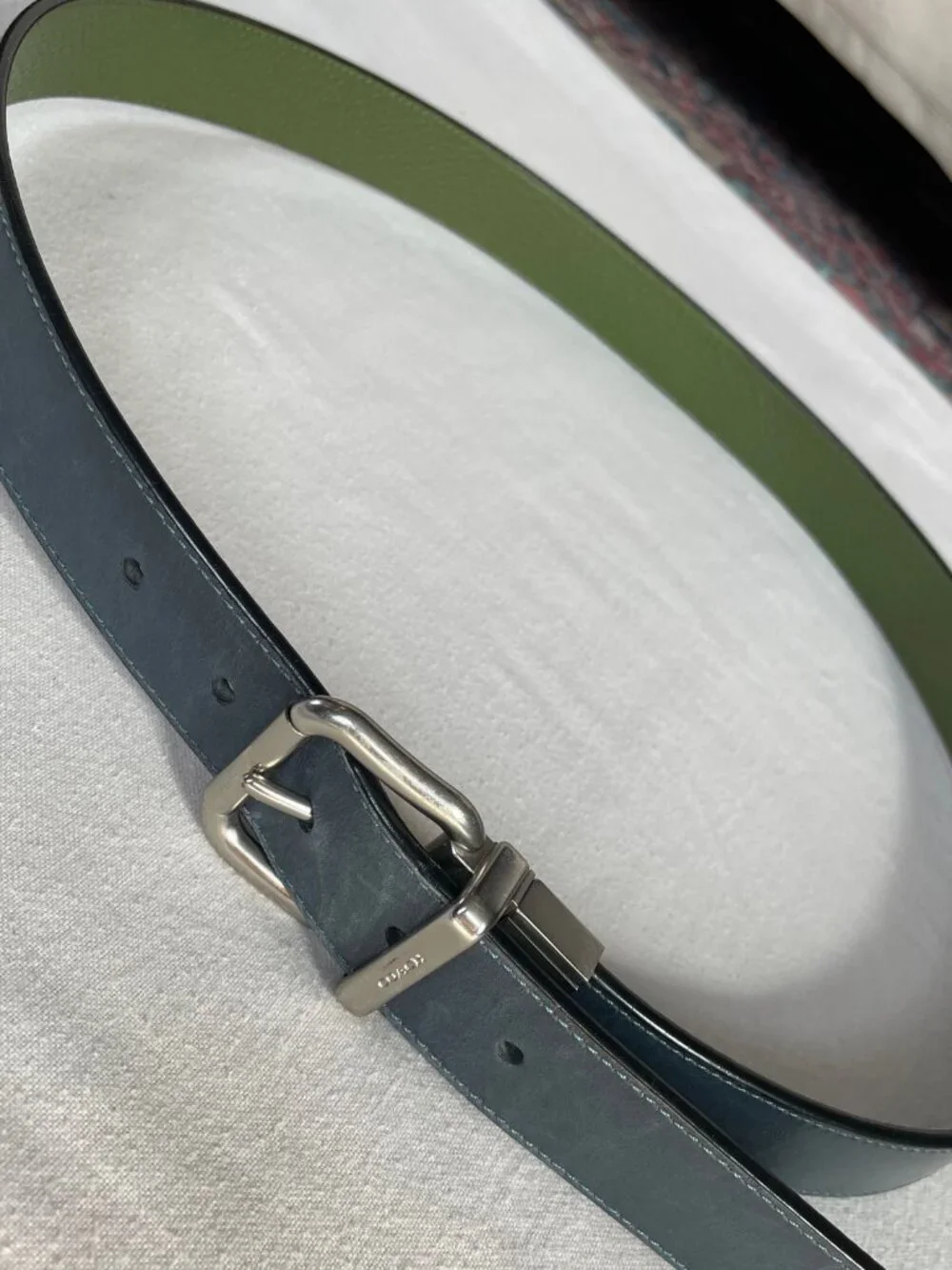 Coach Reversible Black and Green Leather Belt with Silver Buckle